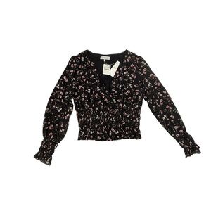 NWT WAYF Black Pink Floral V-Neck Cinched Waist Blouse Size XL Women’s
